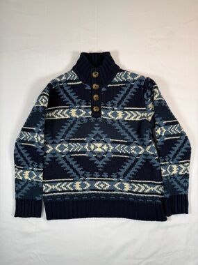 COTTON RYE Boys Shawl Collar Button Neck Fair Isle Sweater Size L 10 Cabin Cozy